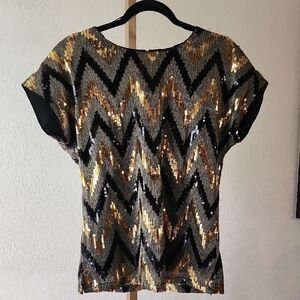 Cable & Gauge Sequin Chevron Blouse - Black, Gold, and Silver
